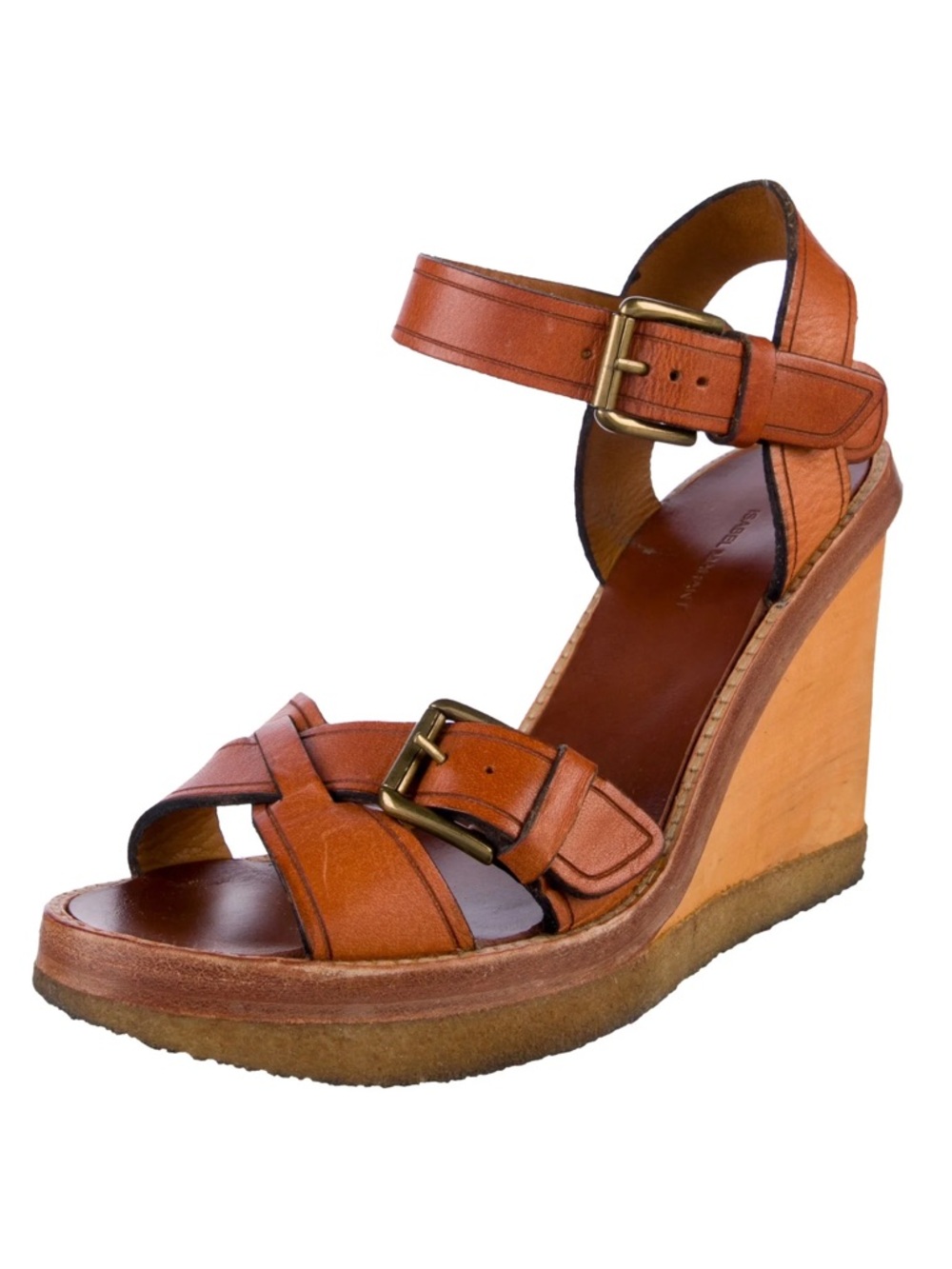 ISABEL MARANT Handy Cognac Brown Leather Criss Cross Strappy Wedge Sandals sz 36